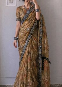 Elegant Brown Floral Print Saree