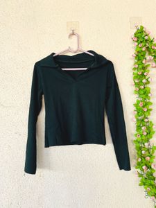 Dark Green Collared Long Sleeve Top