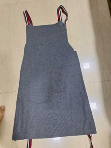 Grey Pinafore Dress with Sporty Stripes