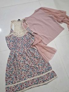 combo Floral Dress and Pink Top Set