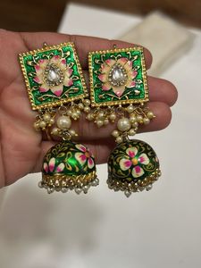Beautiful Green Handpainted Jhumka Earrings