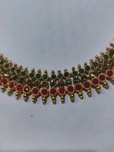 Elegant Gold Necklace with Red &amp; Green Stones