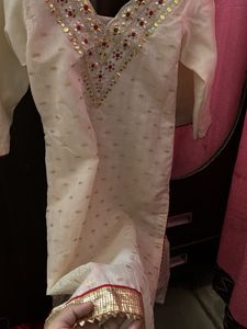 Elegant Cream Kurta Set with Red Dupatta