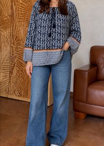 Boho Print Tassel Neck Blouse
