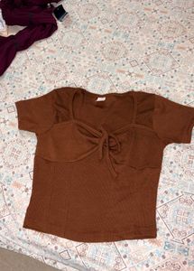 Brown Ribbed Tie Front Top🤎