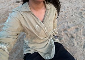 Sage Green Embroidered Top/kurti with Tie Waist