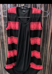 Stylish Black &amp; Pink Striped Sleeveless Top