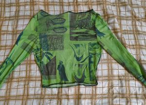 Green Mesh Sheer Graphic Print Top