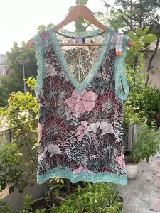 Sheer Floral Lace Trim V-Neck Top