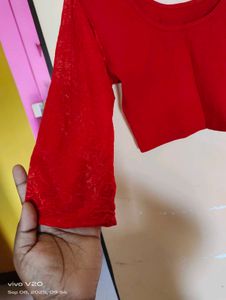 Red Lace Sleeve Blouse