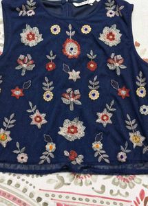 Navy Floral Embroidered Top