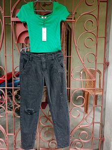 New Distressed Jeans With Green Ribbed Crop Top