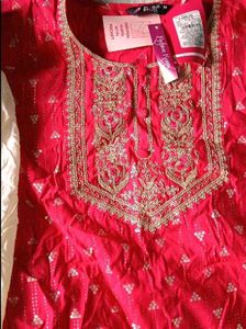Red Embroidered Kurta with White Pant