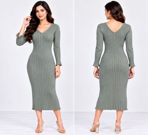 Ribbed Knit V-Neck Midi Dress
