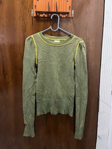 Green Knit Sweater with Yellow Stitching