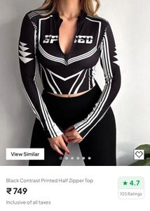 Black Contrast Printed Half Zipper Top