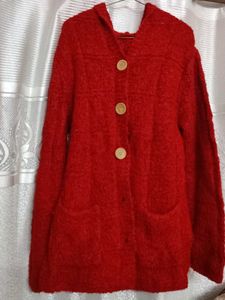Red hooded cardigan