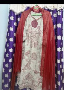 red Elegant Embroidered Kurta with Dupatta