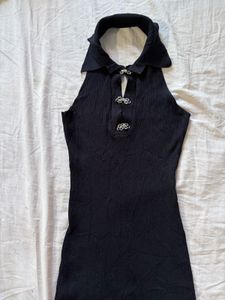 Black Ribbed Collared Halter Dress