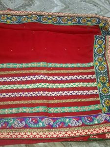Embroidered Red Saree with Green Blouse