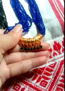 Blue Beaded Necklace with Gold Pendant