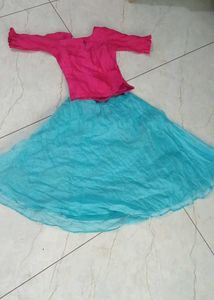 Girls Pink Kurti and Blue Skirt Set