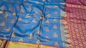 Blue Silk Saree with Gold Border