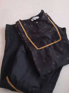 like New  Elegant Black Kurta Set with Gold Trim