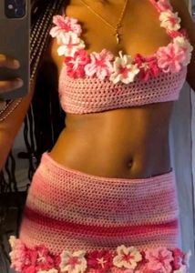Pink Crochet Flower Mini Skirt top Set
