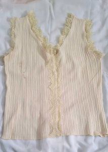 Cream Lace Trim Ribbed Tank Top
