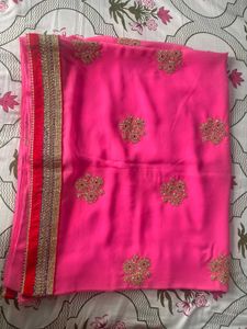 Bubblegum Pink Saree Heavy work &amp; Red velvet borde