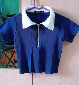 Ribbed Zip-Up Collar Crop Top