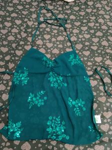 Teal Sequin Floral Halter Top