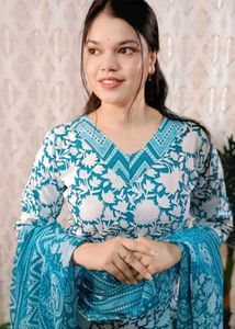Turquoise Floral Print Kurti Set with dupatta
