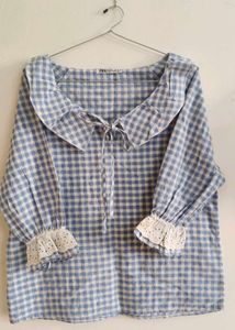 Blue Gingham Ruffle Neck Top