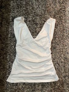 Chic White Ruched V-Neck Top