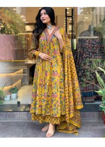 Yellow Floral Print Kurta Set with Dupatta