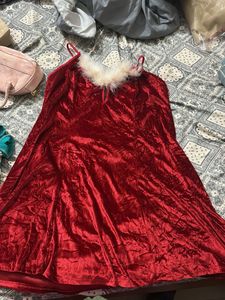 Red Velvet Fluffy Trimmed Dress