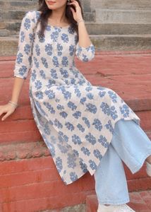 Blue Floral Print Cotton Kurta