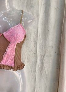 Cute Pink &amp; Brown Lace Corset Top