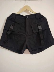 Black Cargo Shorts with Buckle Straps