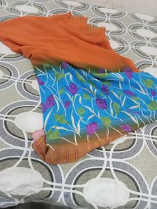 Vibrant Orange &amp; Blue Floral Saree