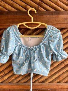 Blue Floral Print Tie-Front Bikini Top