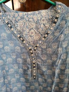 Blue Printed Kurta with Embellished Neckline