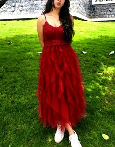 crochet Red Ruffle Midi Dress