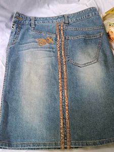 light-wash denim mini/midi skirt