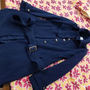 Blue Long Winter Jacket with a belt