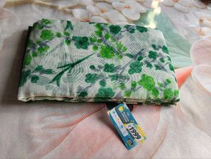 Elegant White &amp; Green Floral Saree