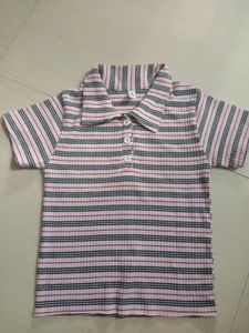 Pink Striped Polo Neck Top