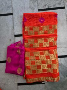 Vibrant Orange & Pink Saree